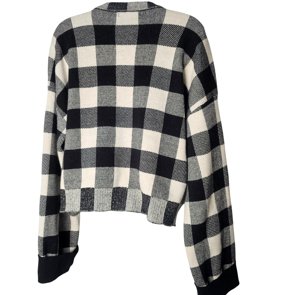 Industry Womens Buffalo Plaid Cardigan Black Cream Wool Blend V-Neck Large - Picture 9 of 12